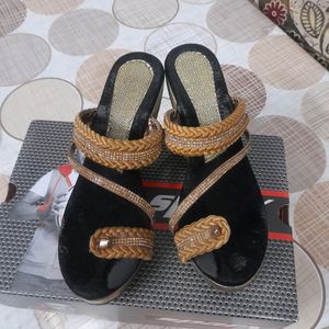 Black And Golden Wedges With Heels