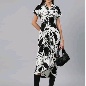 Cottinfab Floral Print Crepe Shirt Midi Dress