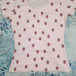 Peach Colour Strawberry Design Casual T Shirt