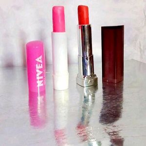 Maybelline Lipstick And Nivea Lip Balm Combo