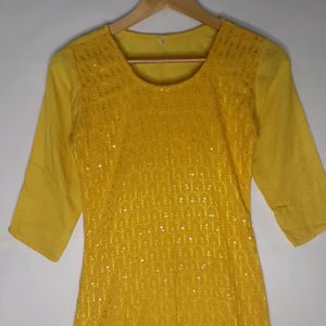 Yellow 🍋Sequence Chikankari Kurti(woman)
