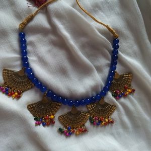 Blue Colour Necklace Set With Tikka And Earrings