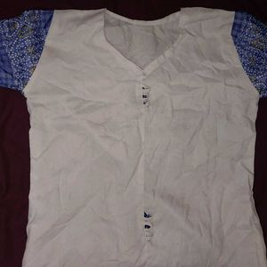 White Cotton Kurti with Blue Block Print Sleeve