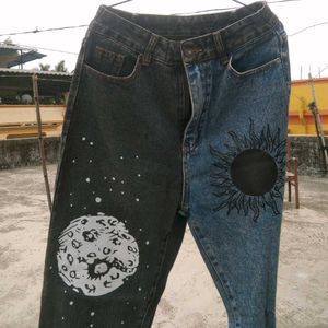 URBANIC Y2K Patchwork Sun Moon Print Jeans