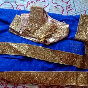 Peacock Blue And Golden Saree With Blouse