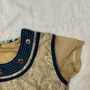 Tan Western Kurti With Blue Details