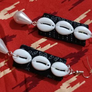 Fabric Earrings In Black with cowri Shells