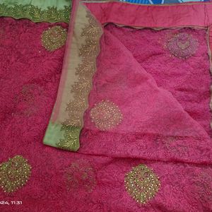 Stunning Rose Thread Work Net Saree