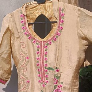 Golden Shiny Embrodied Kurti With Pants