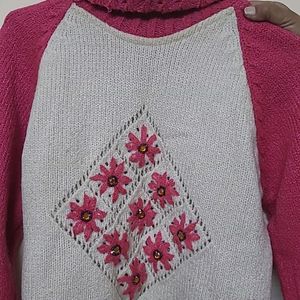 Pink And White Embellished Girls Highneck Sweater