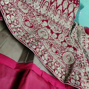 Fish Cut Bridal Red Velvet Lahenga