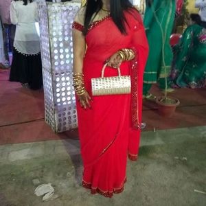 Designer Red Saree With Golden Blouse