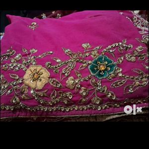 Dark Pink Saree With Embroidery Work No Ret