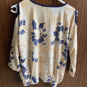 Cream Printed Regular Fit Top With Cold Shoulders