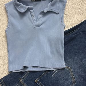 Zara Blue Collar Crop Top