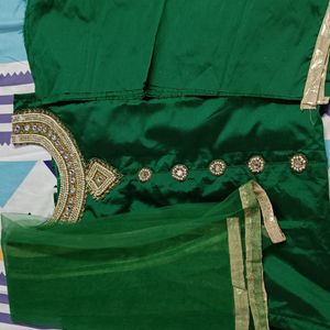 Long Green Heavy Work Kurta With Dupatta And Sleeves