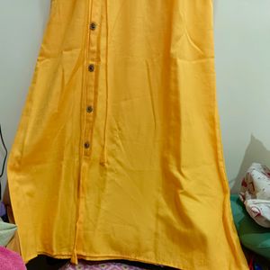 Yellow Morpankh Print Kurti With Tie Knots At Wais