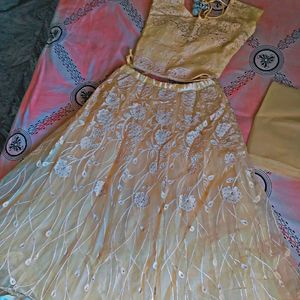 Yellow Gown With Dupatta And Stitched Blouse