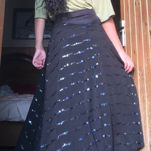 High Waist Long Black Skirt With Blue Sequence