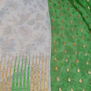 Cream And Green Heavy Work Saree With Blouse