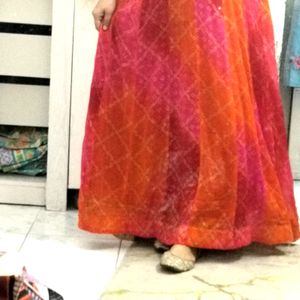 Gota Patti Work Gown Leheriya Bandhej Women