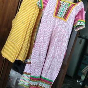 Pink Yellow Kurti Pant Set