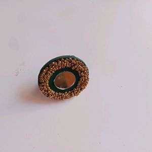 Mirror Dark Green And Golden Adjustable Ring