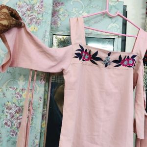 Pink Embroidery Shoulder Cut Top.