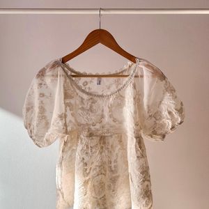 Puff Sleeved Lace Embroidery Sheer Top