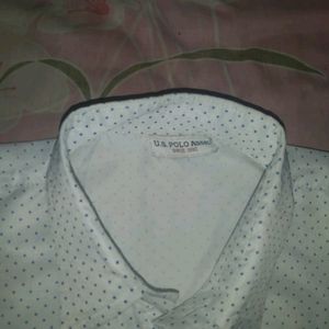 White Uspa Shirt With Blue Dots.