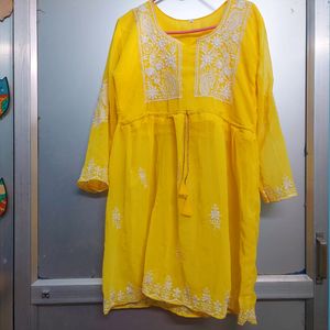 Yellow New Short Chickenkari Kurti