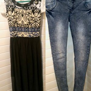 LONG CHIFFON DRESS &HIGH WAIST DENIM JEANS