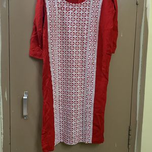 Short Red Kurti With White Thread Work And Sequins