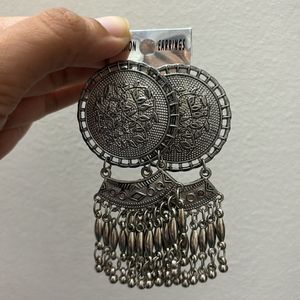 Circular Detailed Design Dangle Silver Jhumka
