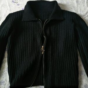 Black Rib-Knit Double Zipper Cardigan