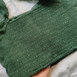 Berrylush Green Smocked Crop Top For Women