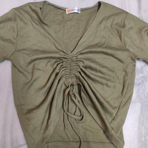 Olive Green Soft Material Knot Crop Top