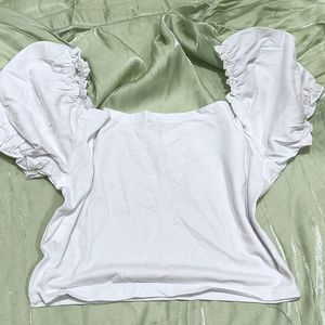 White Ruched Puffy Sleeves Crop Top