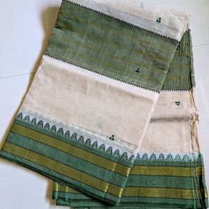 New Beige And Green Cotton Saree