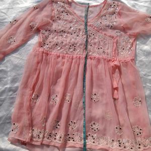 Beutiful Peach Chikankari Mirror Work Kurti/ Tunic