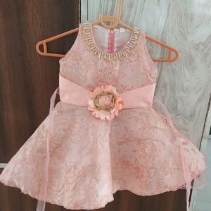 Peach Coloured Rose Patch Neck Design Dress