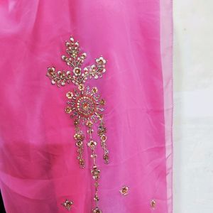 New Unstitched A Line Dress Pink Ombre With Dupatta And Bottom Piece.. With Sleeves Embroidery