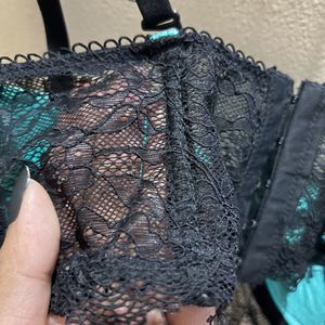 34B Sea Green & Black Padded Underwired Lace Bra