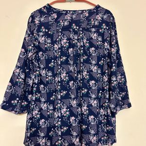 Navy Color Top With Floral Pattern And Wordings