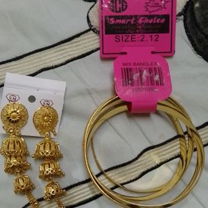 Gold Plated Bangles 4pc And Earrings With 2layers