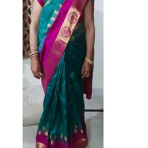 Pink, Blue Colour Saree With Pink Stitch Blouse