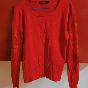Red Sweater With Net Work On Sleeves