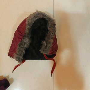 Maroon Winter Fur Woollen Jacket For Kids Girls