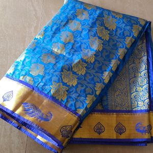 Banarasi Silk Blend Saree(Blue And Gold)