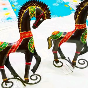 Pair Set Of 2 Metal Art Horses Decor